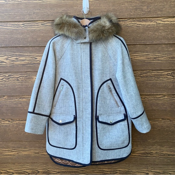New!! J Crew Summit Parka in heather grey with navy blue trim